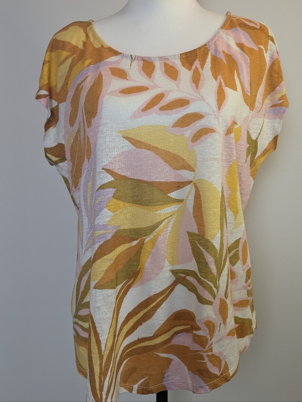 C&C California 100% Linen Tropical Leaf Print Cap Sleeve Top LARGE
